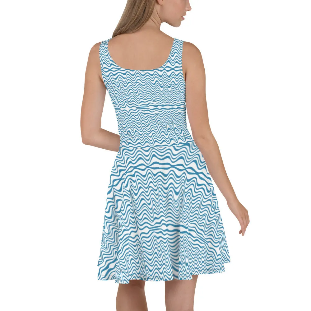 Blue Wavy Women's Skater Dress, Abstract Blue & White Colorful Waves Sleeveless Women's Dress-Made in USA/EU/MX