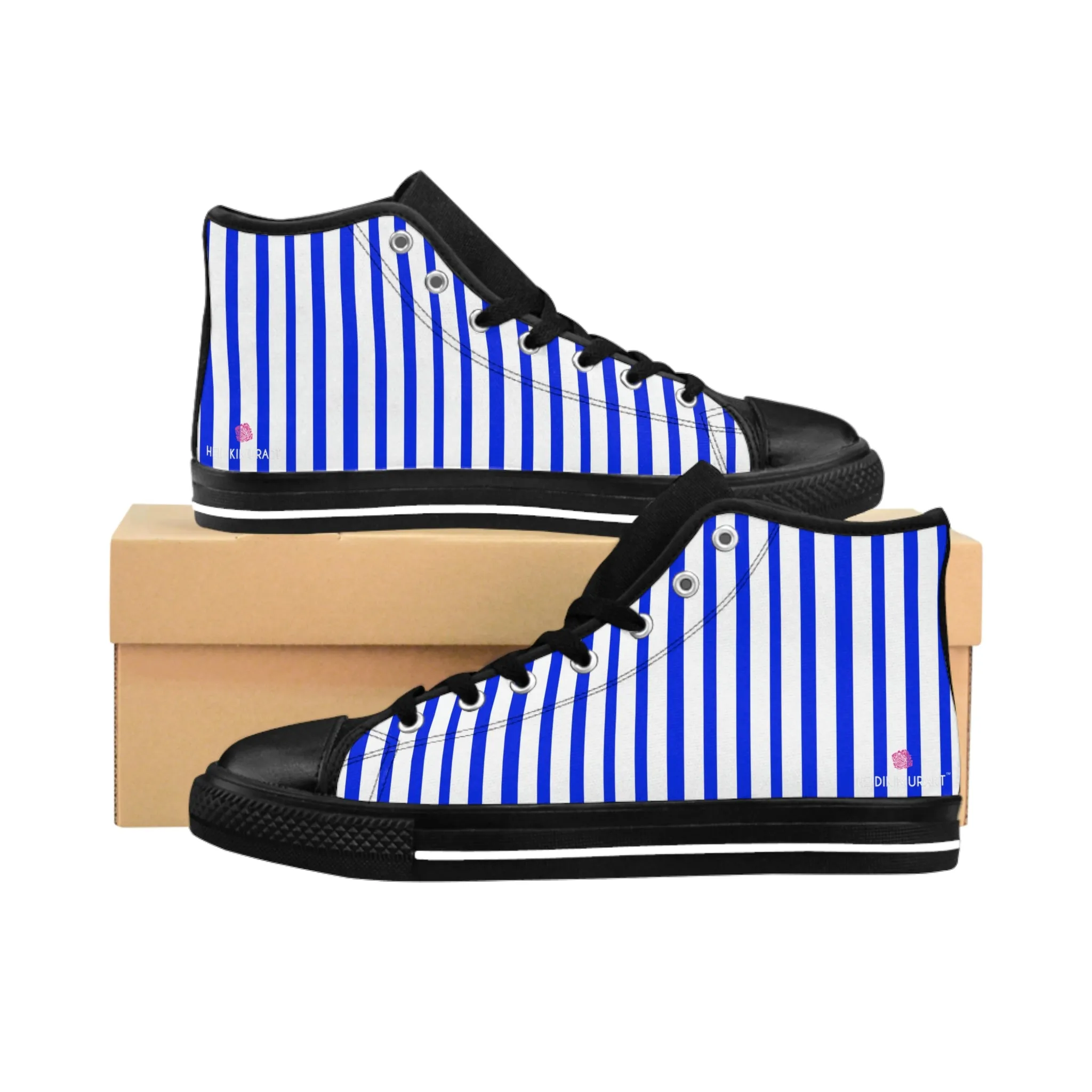 Blue White Striped Men's Sneakers, Designer Men's High Top Sneakers Running Fashion Canvas Shoes