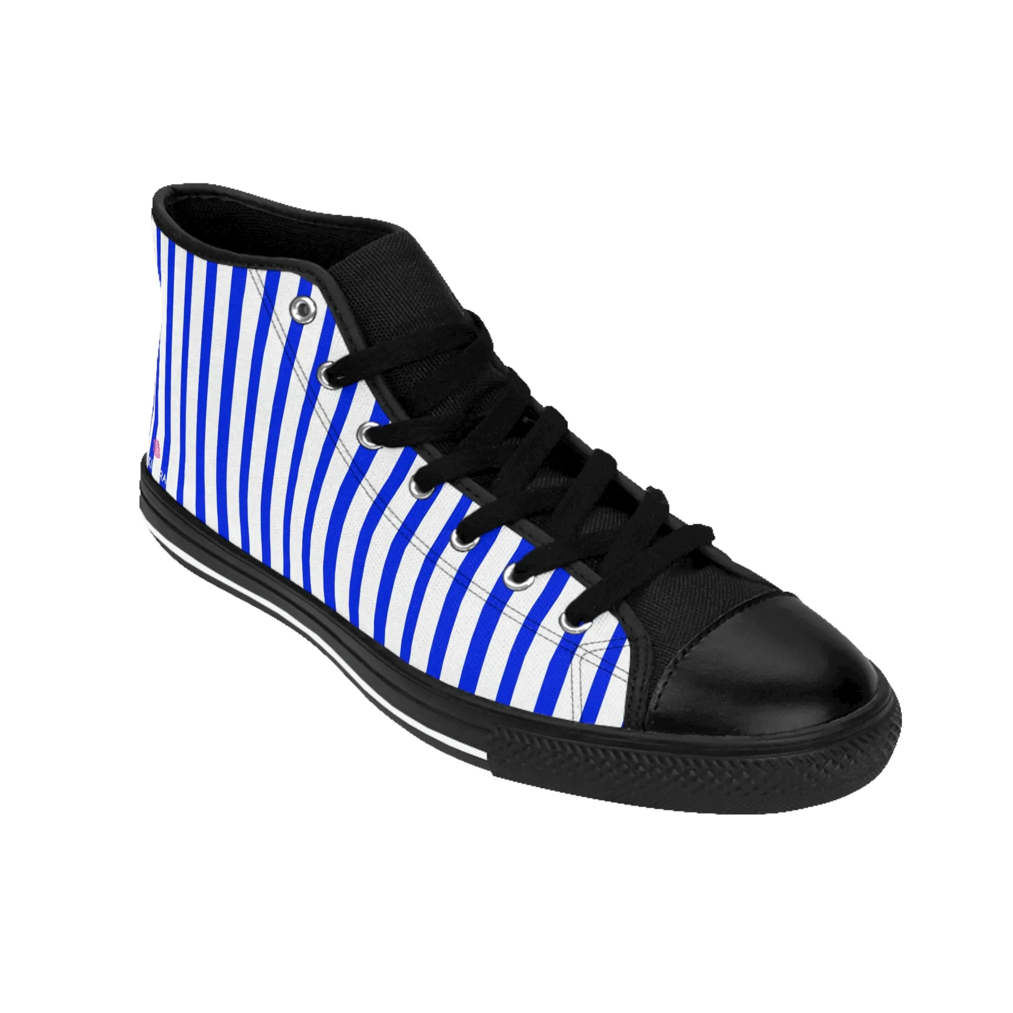 Blue White Striped Men's Sneakers, Designer Men's High Top Sneakers Running Fashion Canvas Shoes