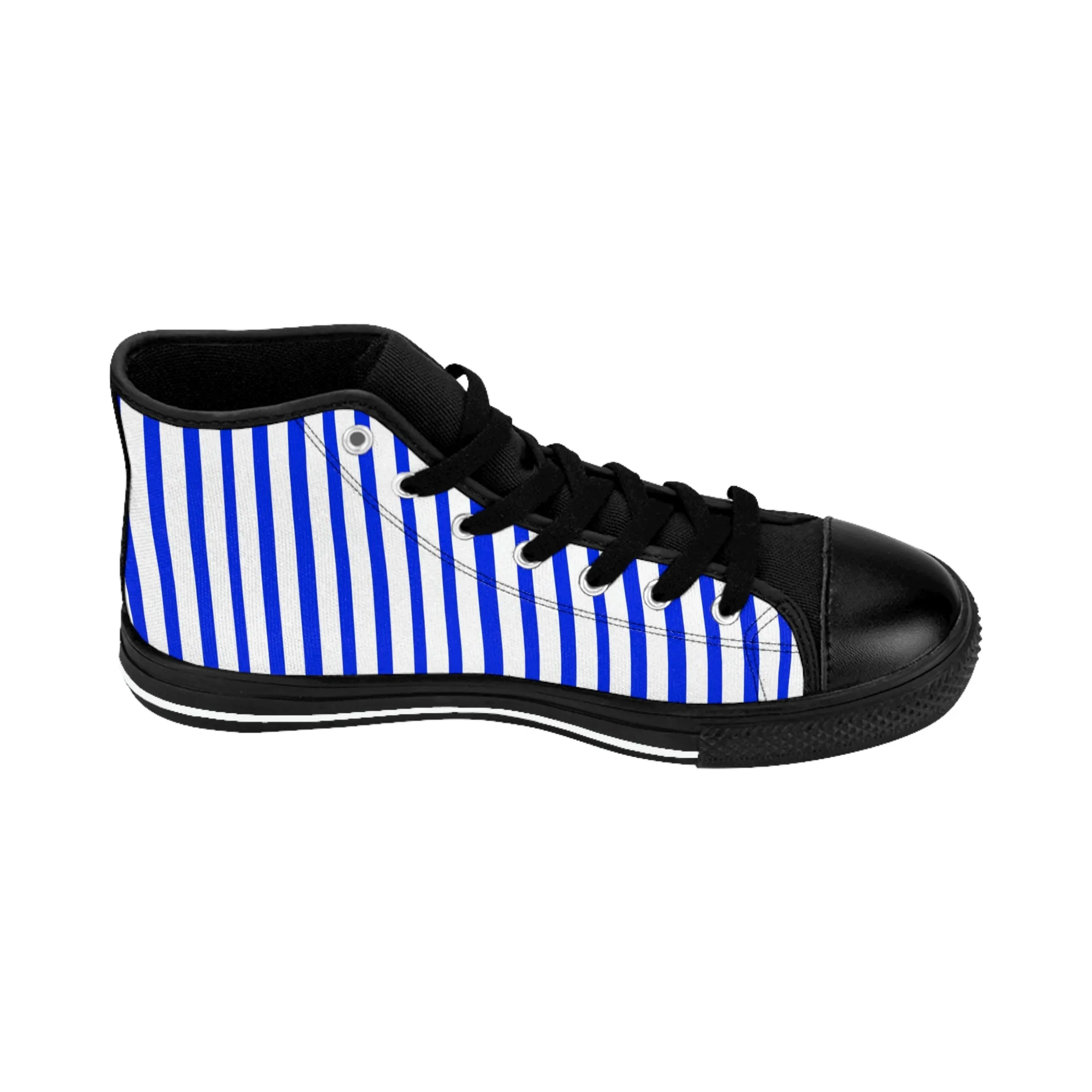 Blue White Striped Men's Sneakers, Designer Men's High Top Sneakers Running Fashion Canvas Shoes