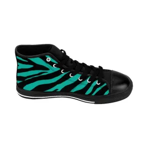 Blue Zebra Men's High Tops, Zebra Striped Animal Print Men's Classic Sneakers Running Fashion Canvas Shoes