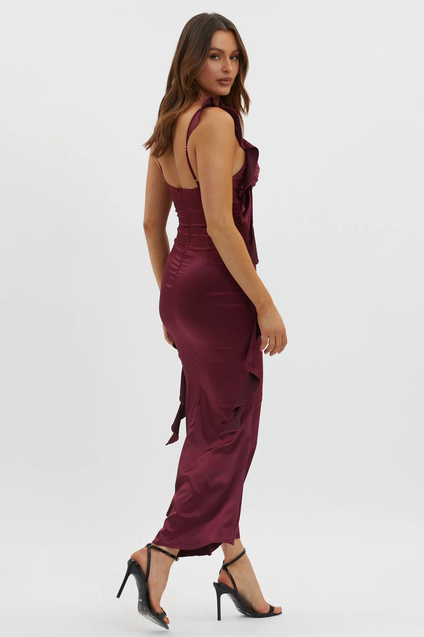 Blushing Ruffle Trim Midi Dress Wine