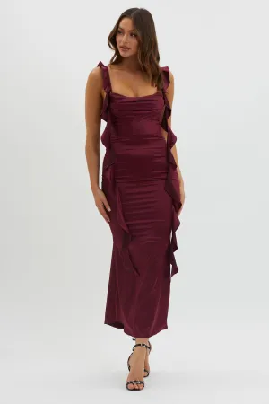 Blushing Ruffle Trim Midi Dress Wine