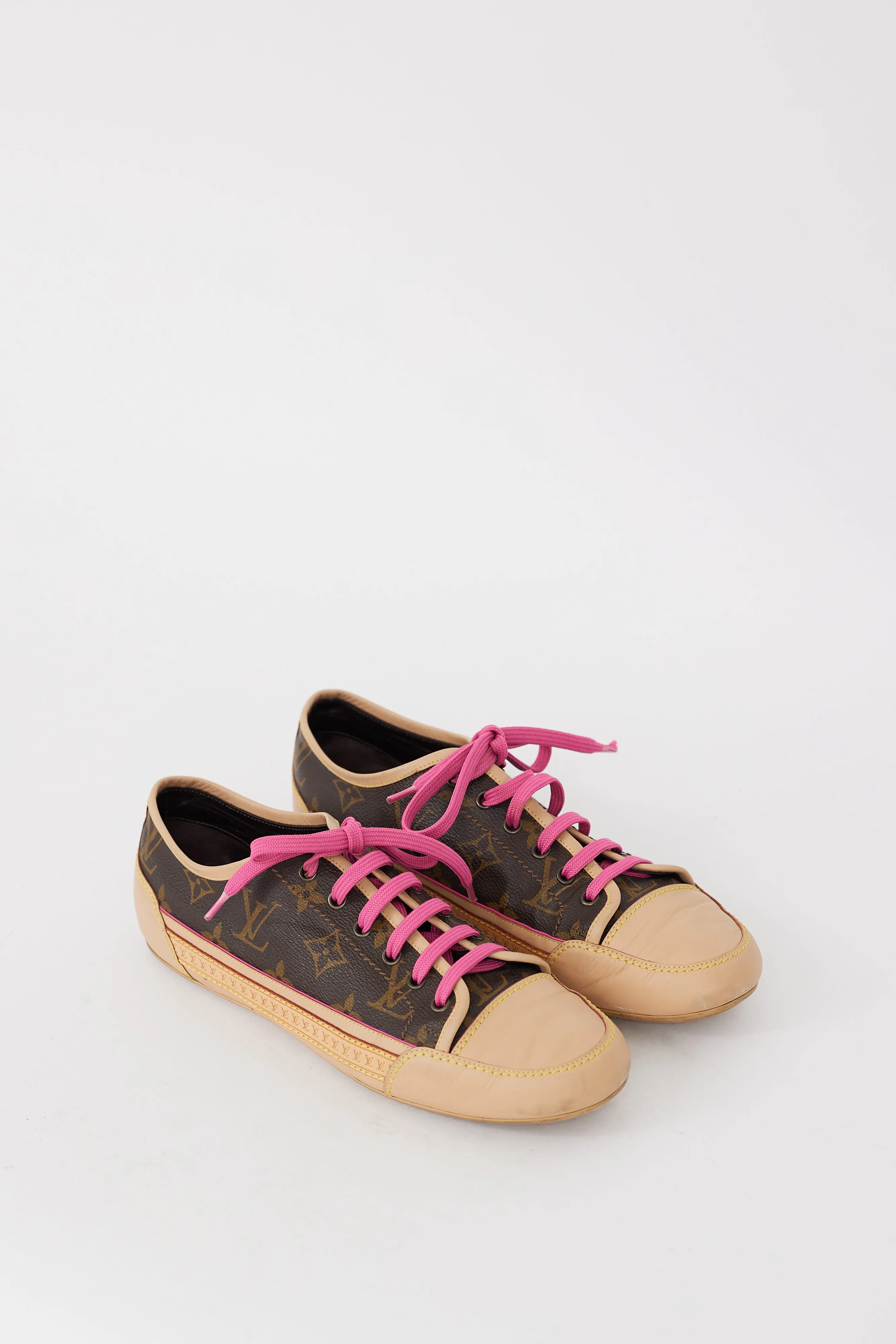 Brown Beige & Pink Canvas & Leather Monogram Sneaker