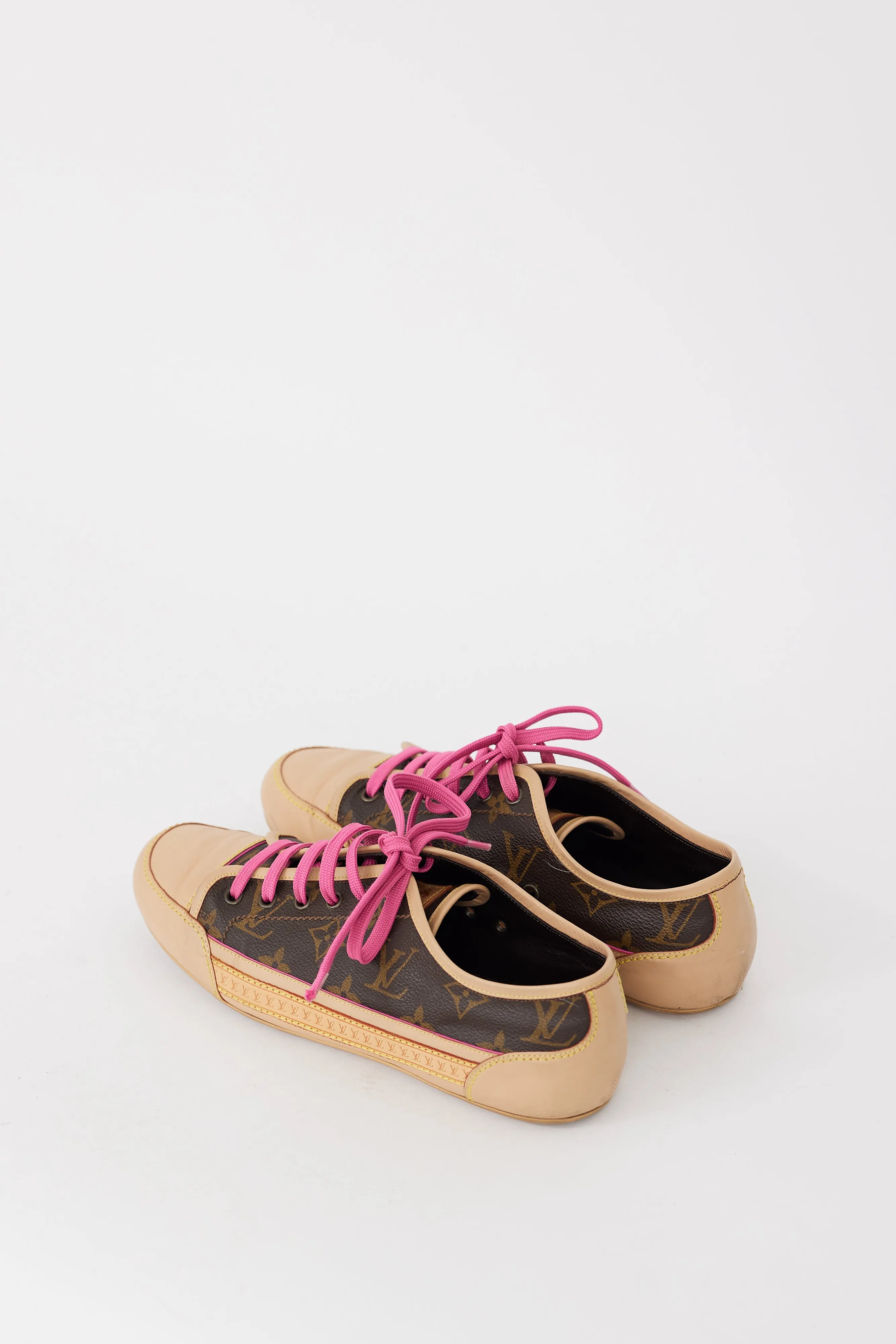 Brown Beige & Pink Canvas & Leather Monogram Sneaker