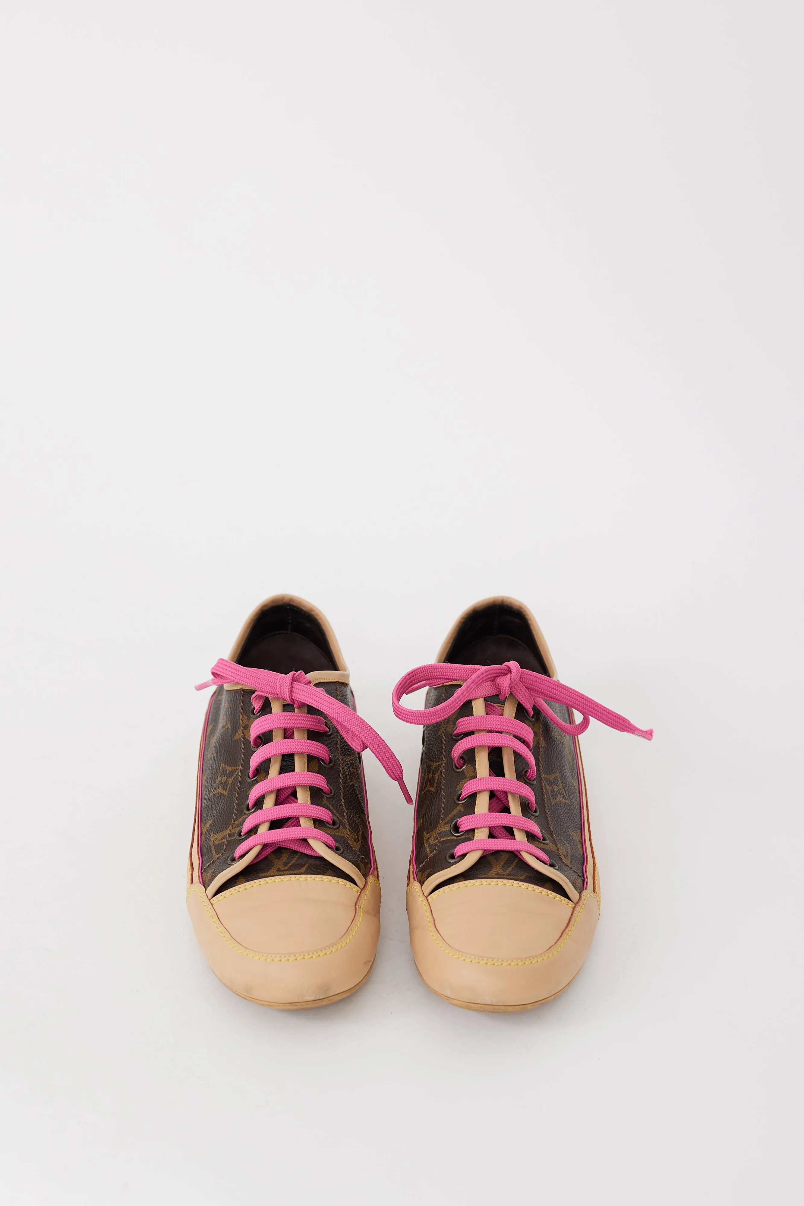 Brown Beige & Pink Canvas & Leather Monogram Sneaker