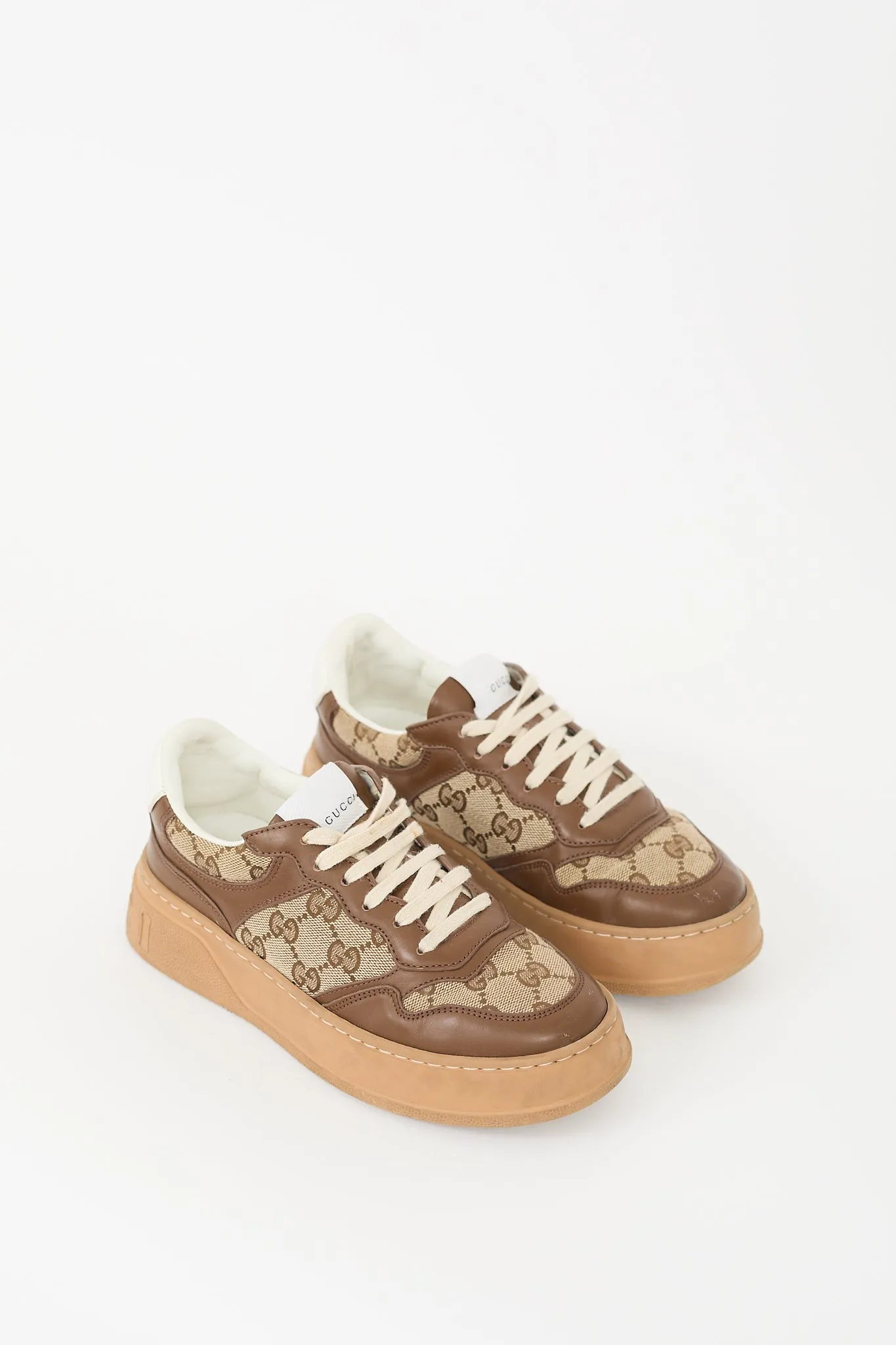 Brown Leather & Canvas GG Platform Sneaker