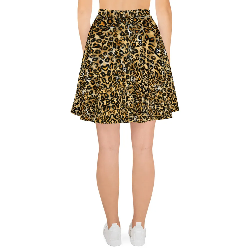 Brown Leopard Skater Skirt, Animal Print Women's A-Line Tennis Skater Skirt-Made in USA/EU