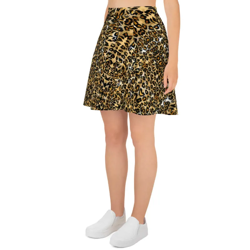 Brown Leopard Skater Skirt, Animal Print Women's A-Line Tennis Skater Skirt-Made in USA/EU