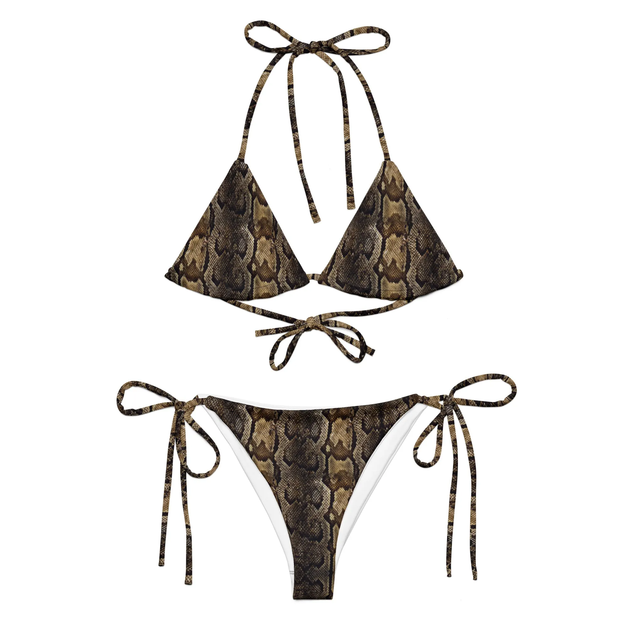 Brown Snake Print Bikini Set, 2 pc Recycled String Bikini Set For Women - Made in USA/EU/MX  (US Size: 2XL-6XL)