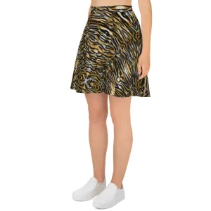 Brown Tiger Stripe Skater Skirt, Animal Print Women's Flared A-Line Skirt-Made in USA/EU