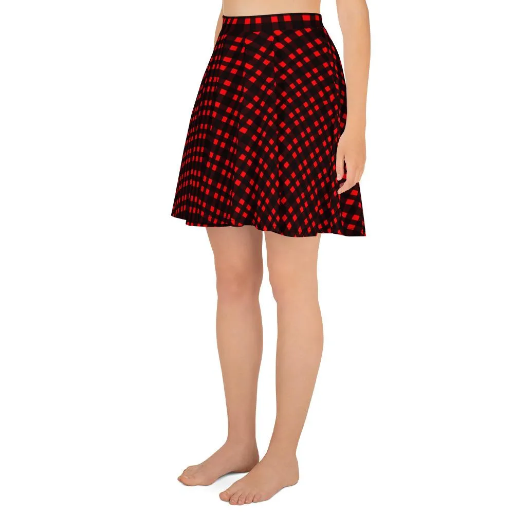 Buffalo Red Plaid Skater Skirt, Plaid Flannel Print Women's Skater Skirt- Made in USA/EU (US Size:XS-3XL)