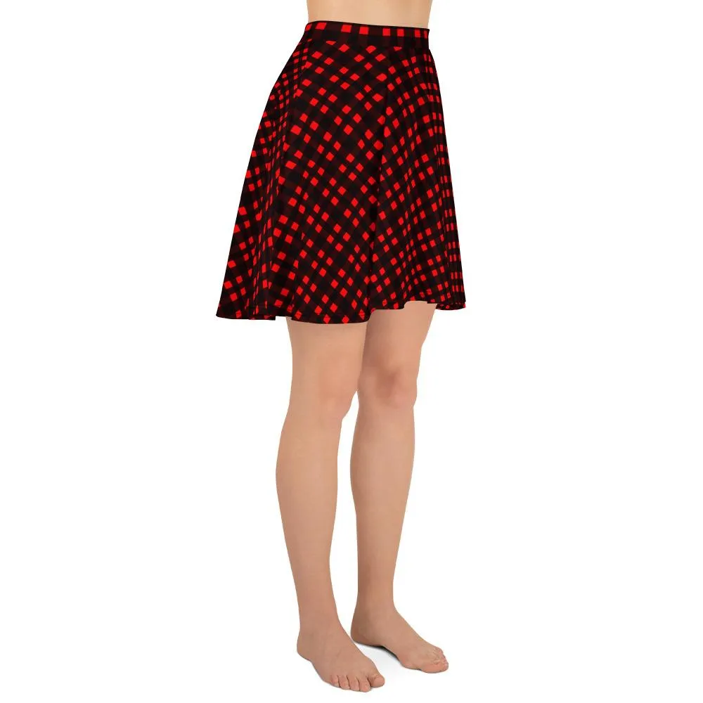 Buffalo Red Plaid Skater Skirt, Plaid Flannel Print Women's Skater Skirt- Made in USA/EU (US Size:XS-3XL)