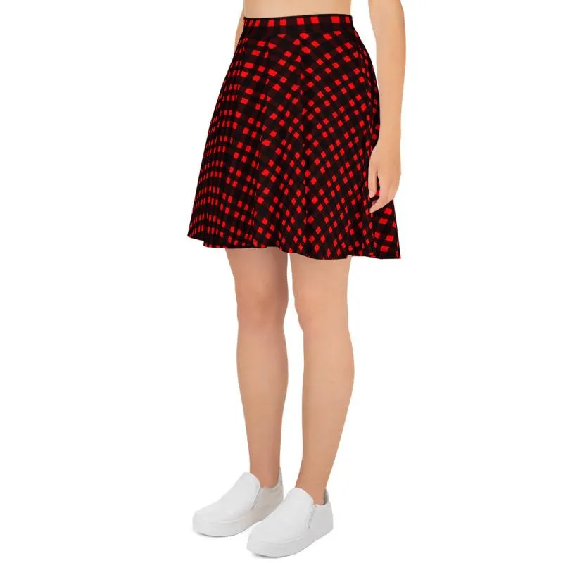 Buffalo Red Plaid Skater Skirt, Plaid Flannel Print Women's Skater Skirt- Made in USA/EU (US Size:XS-3XL)