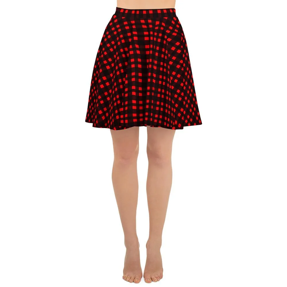 Buffalo Red Plaid Skater Skirt, Plaid Flannel Print Women's Skater Skirt- Made in USA/EU (US Size:XS-3XL)