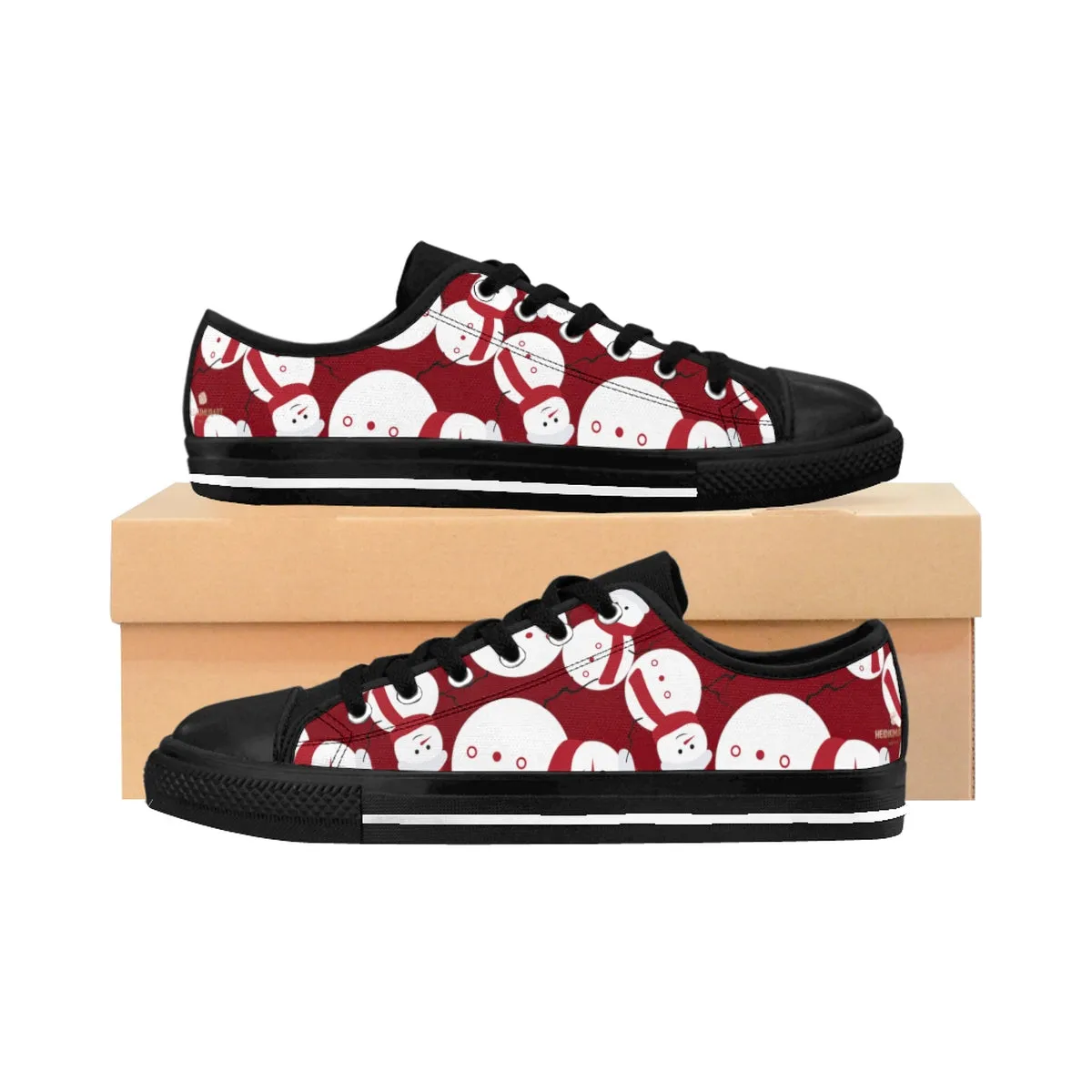 Burgundy Christmas Men's Sneakers, Red Snowman Christmas Print Low Top Sneaker Shoes