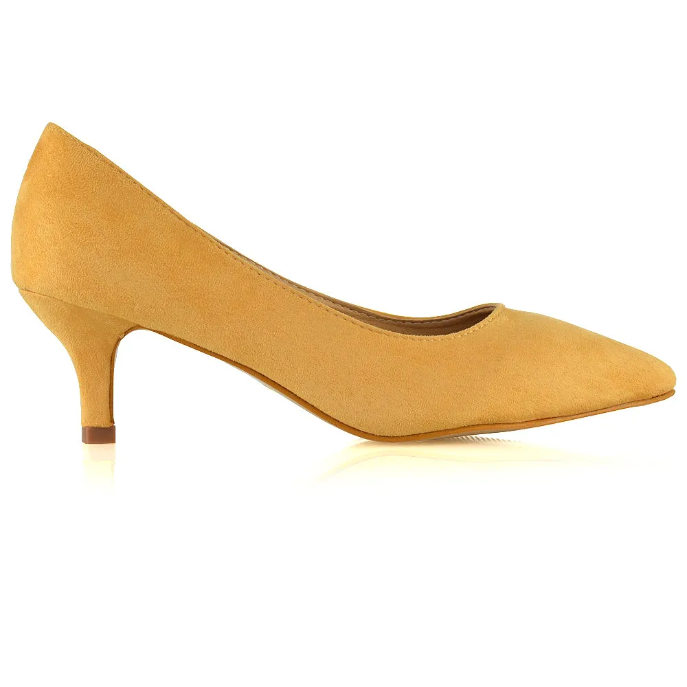 Cali Pointed Toe Slip on Low Stiletto Kitten High Heel Court Shoes in Mustard