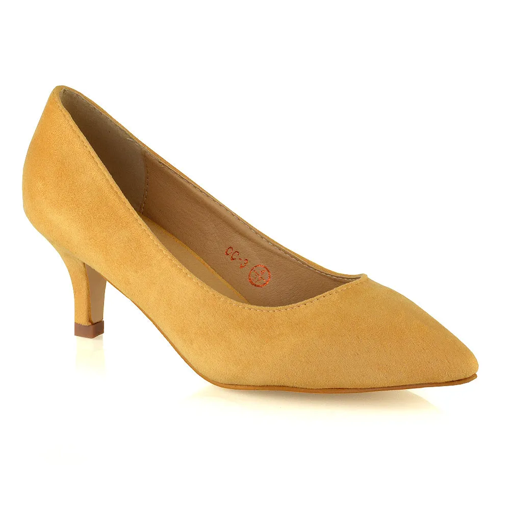 Cali Pointed Toe Slip on Low Stiletto Kitten High Heel Court Shoes in Mustard