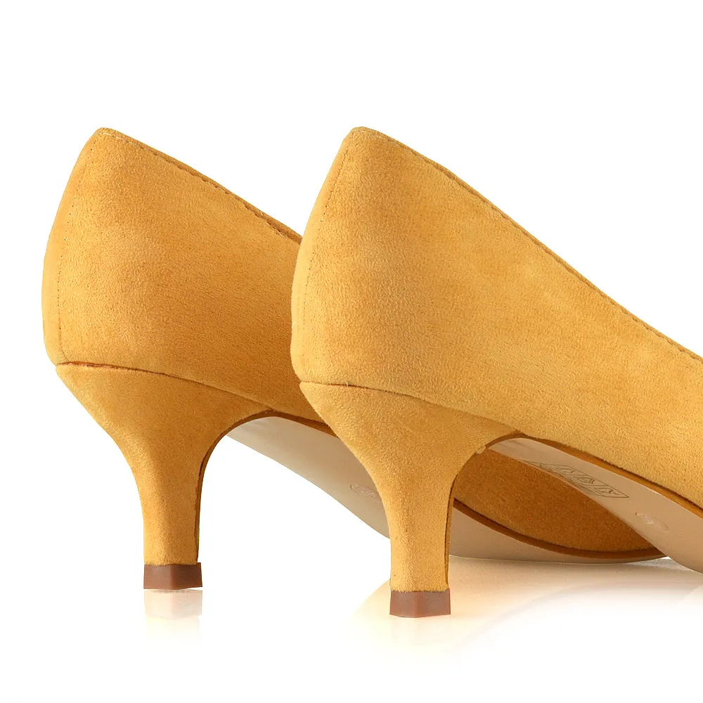 Cali Pointed Toe Slip on Low Stiletto Kitten High Heel Court Shoes in Mustard