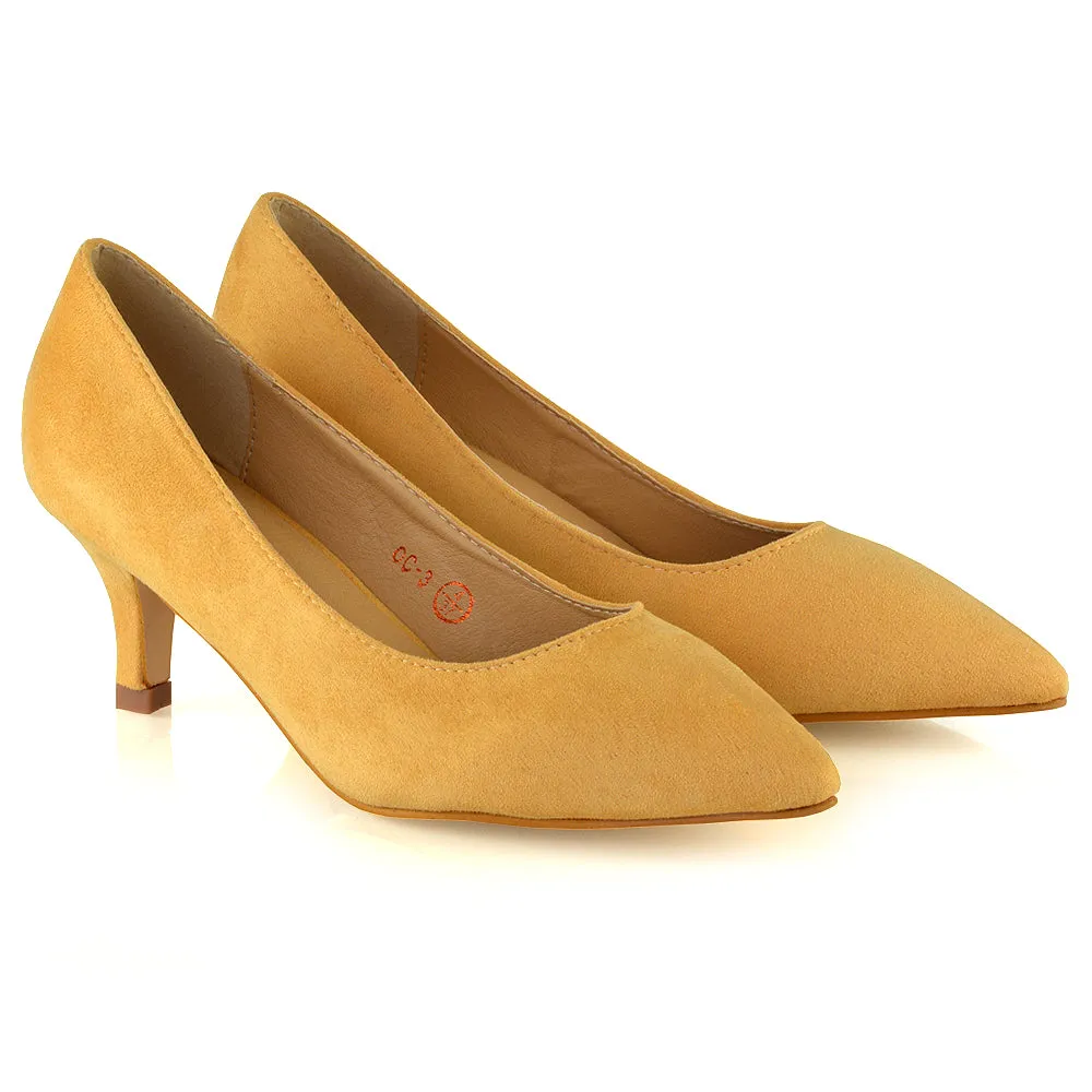 Cali Pointed Toe Slip on Low Stiletto Kitten High Heel Court Shoes in Mustard