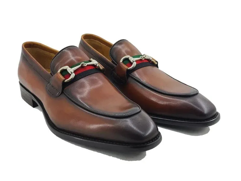 Carrucci cognac calfskin leather men's slip-on shoes red and green strip