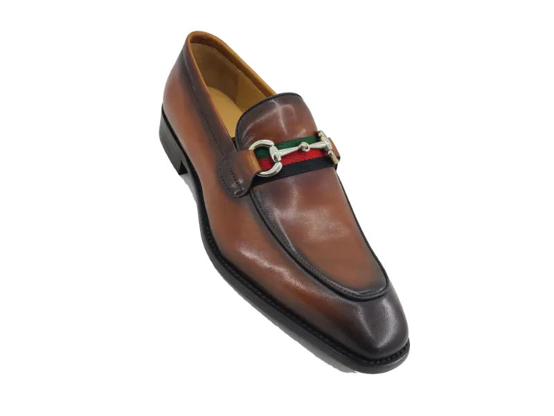 Carrucci cognac calfskin leather men's slip-on shoes red and green strip