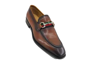 Carrucci cognac calfskin leather men's slip-on shoes red and green strip