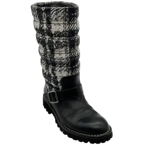 Chanel Black Leather and Tweed Printed Boots