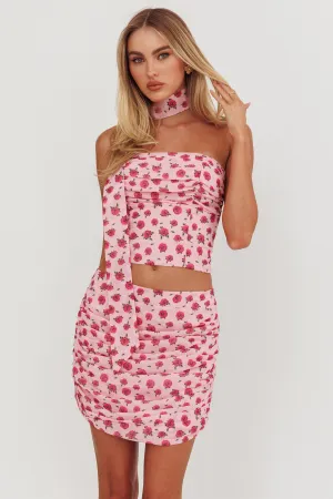 Charise Ruched Mini Skirt Roses Pink