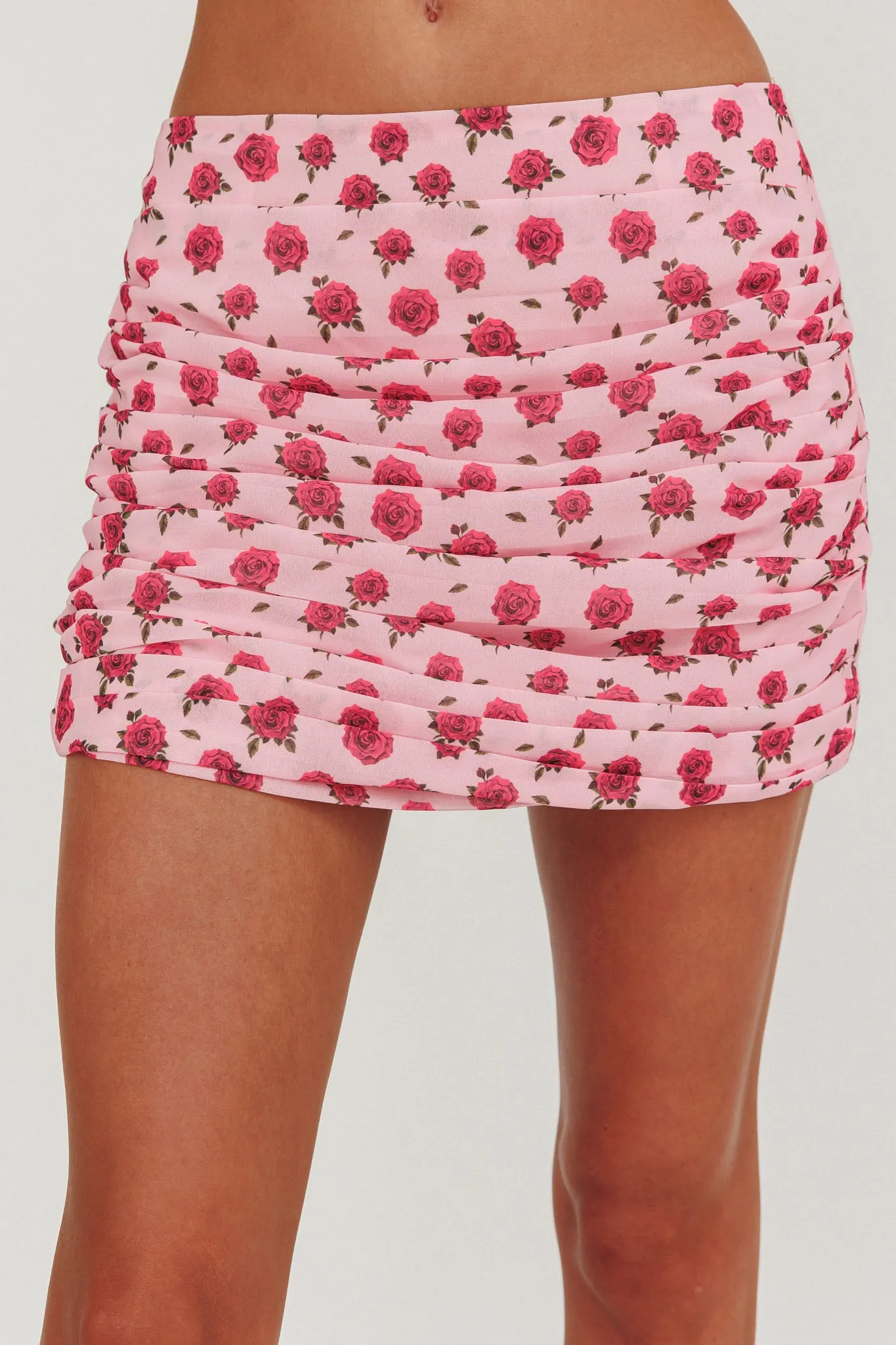 Charise Ruched Mini Skirt Roses Pink