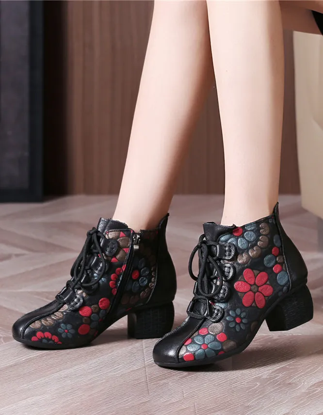 Chinese Style Flower Printed Leather Chunky Boots 41