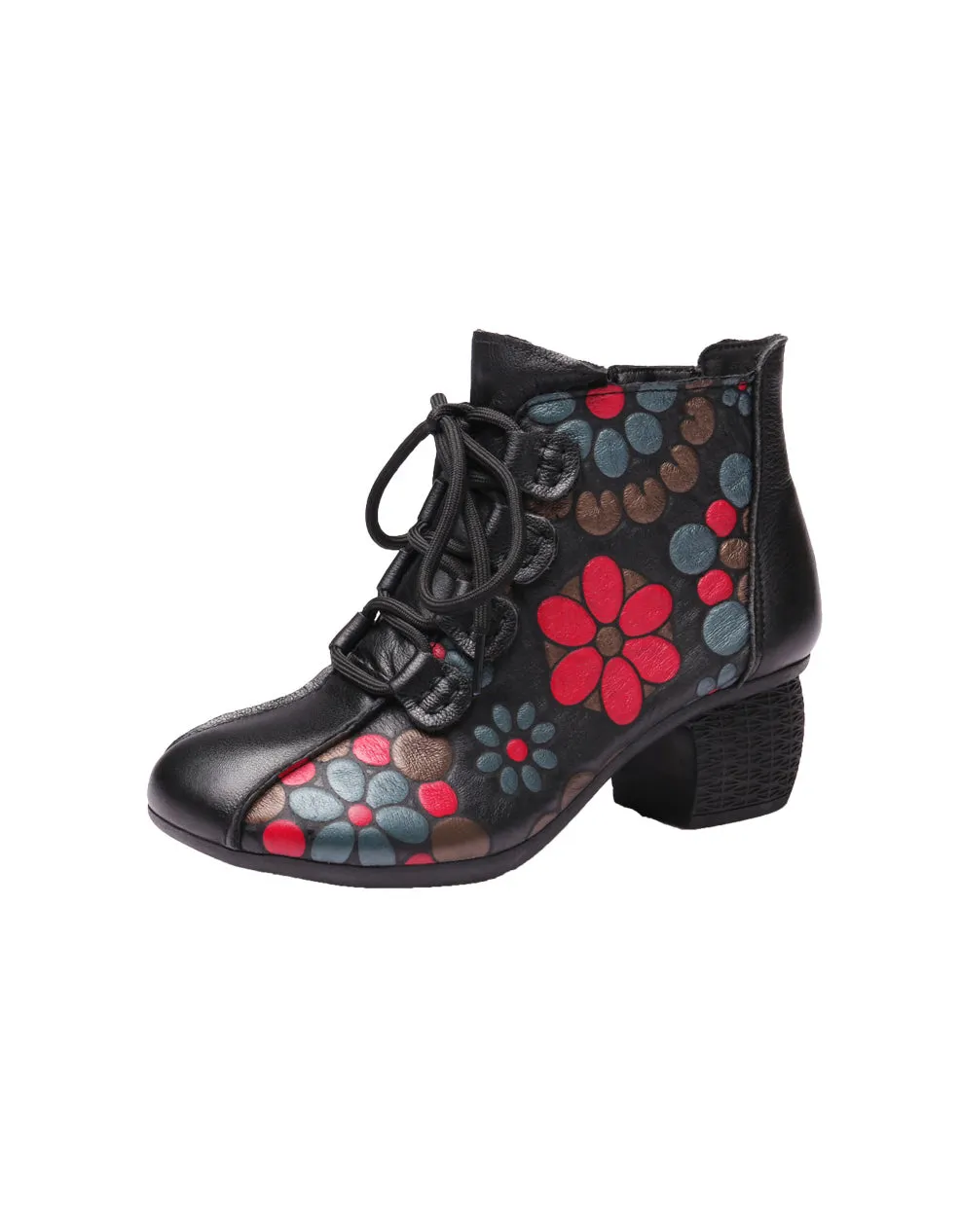 Chinese Style Flower Printed Leather Chunky Boots 41