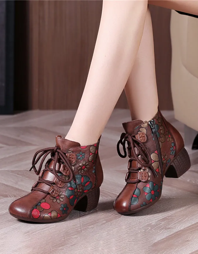 Chinese Style Flower Printed Leather Chunky Boots 41