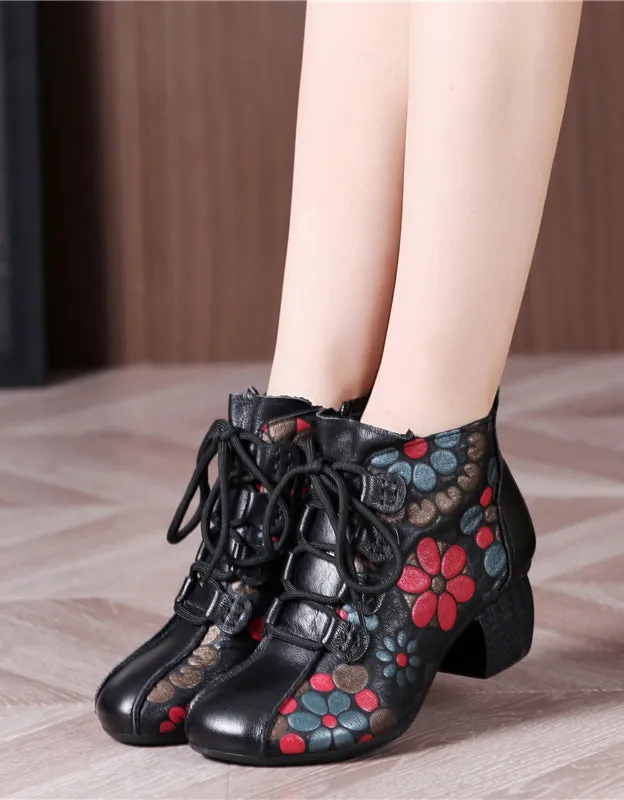 Chinese Style Flower Printed Leather Chunky Boots 41