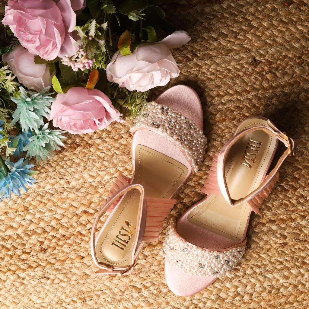 Christin (Pink Satin Pearl Stones Bridal Blocks Heels Customised)