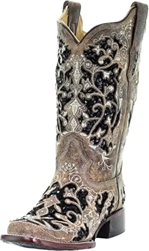 CORRAL WOMENS BLACK SEQUIN INLAY SQUARE TOE WESTERN BOOTS STYLE A3648