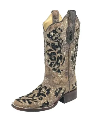 CORRAL WOMENS BLACK SEQUIN INLAY SQUARE TOE WESTERN BOOTS STYLE A3648