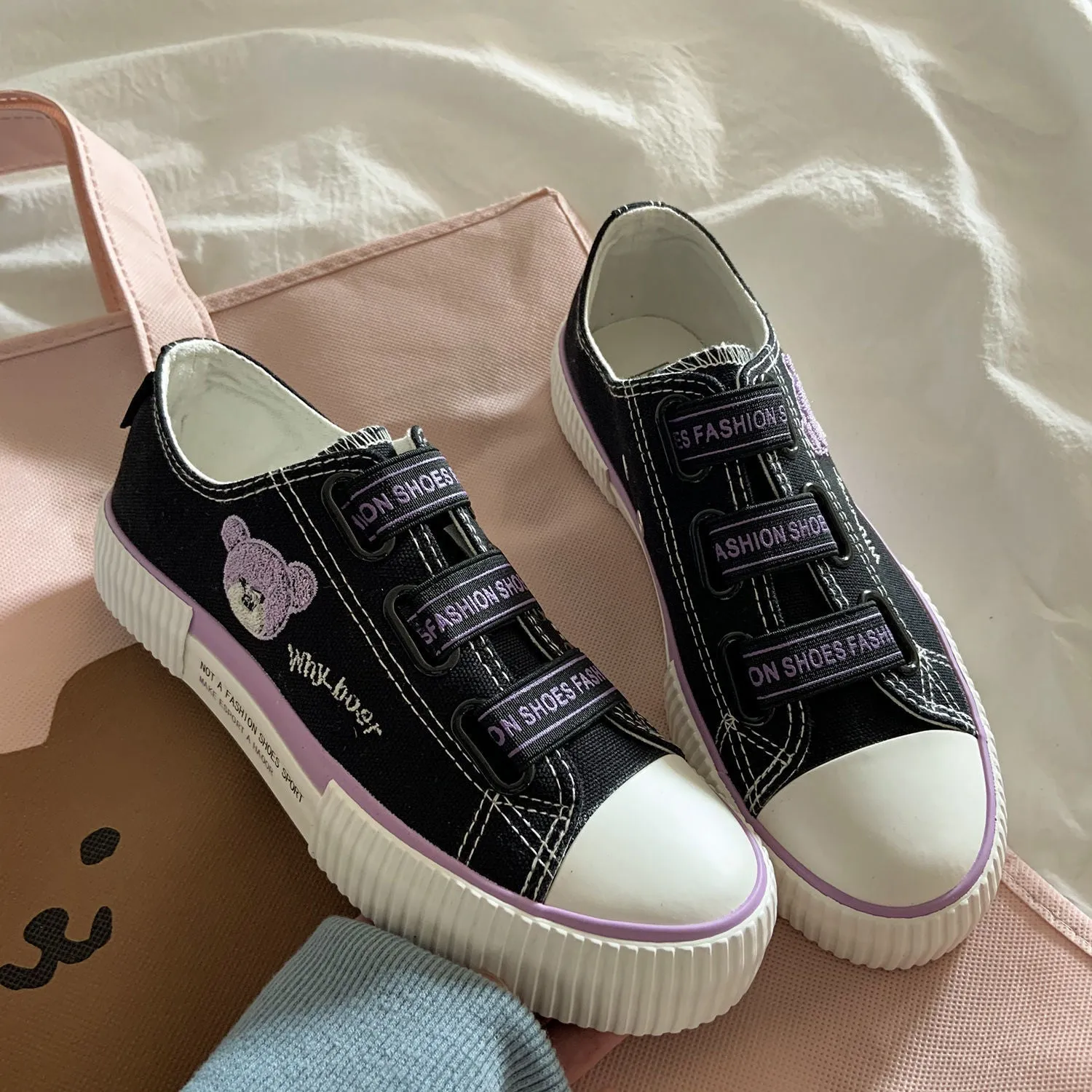 Elastic Band Zapatillas Mujer Embroidery Bear Canvas Sneakers  Autumn Kawaii Women Shoes Casual Daily Ladies Footwear