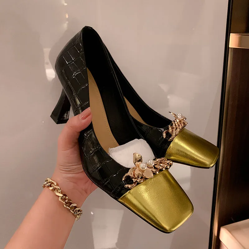 Emi Black and Gold Chain Square Toe Heels