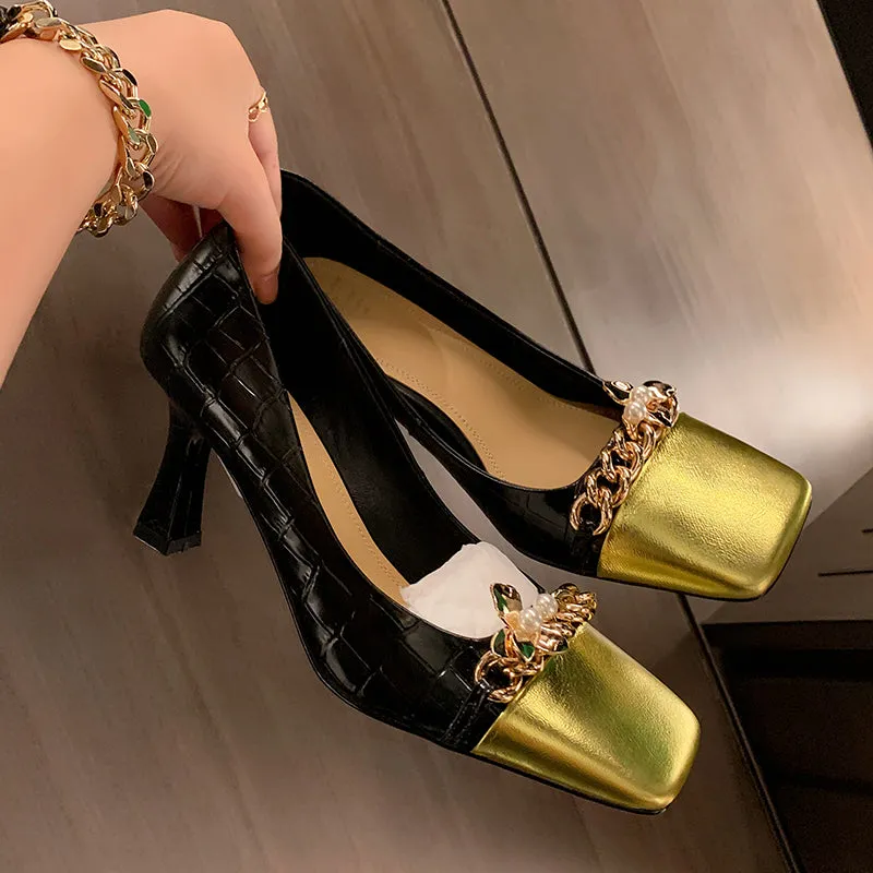 Emi Black and Gold Chain Square Toe Heels