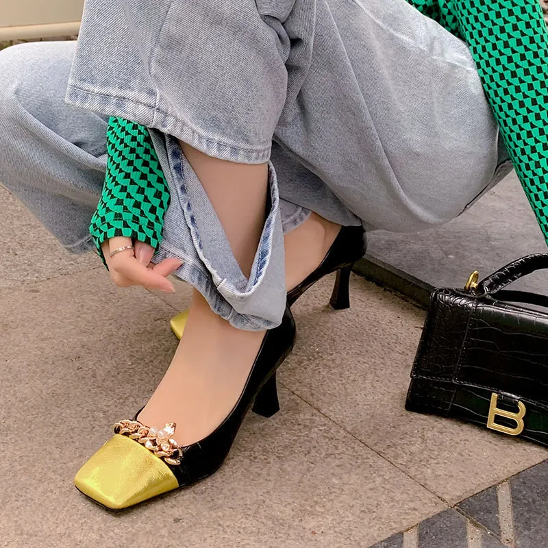 Emi Black and Gold Chain Square Toe Heels