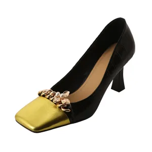 Emi Black and Gold Chain Square Toe Heels