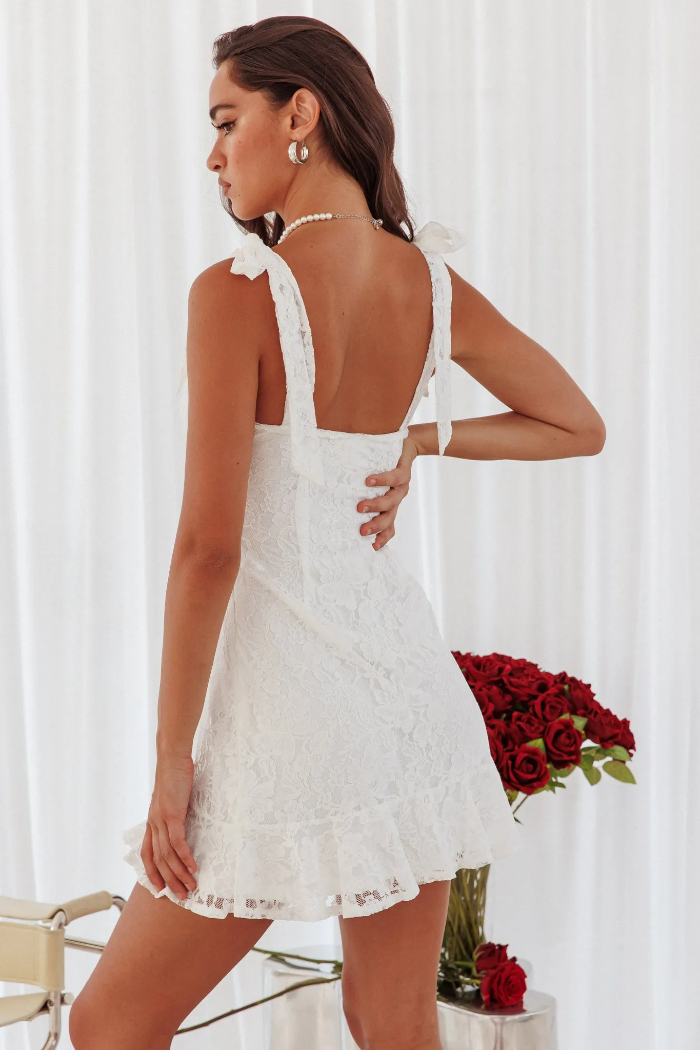 Emine Bow Shoulder Lace Mini Dress White