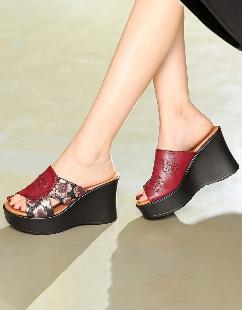 Ethnic Style Printed Leather Fish-Toe Wedge Slippers