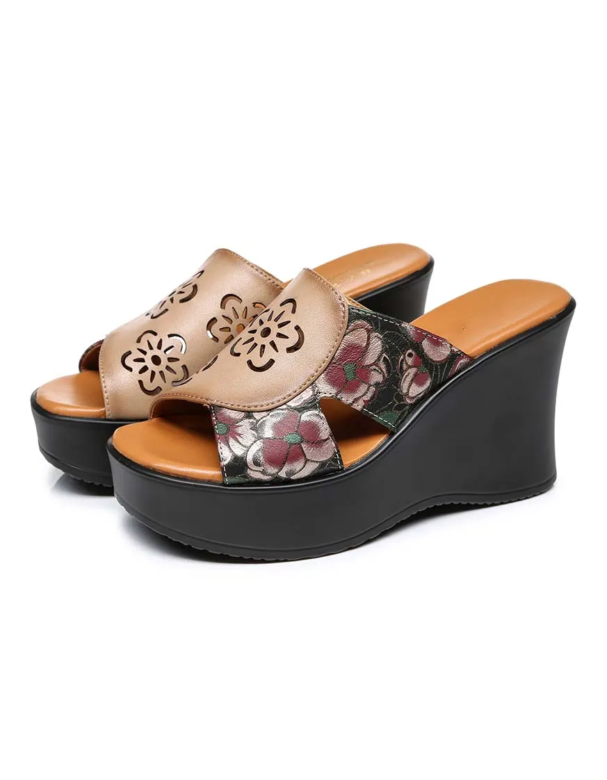 Ethnic Style Printed Leather Fish-Toe Wedge Slippers