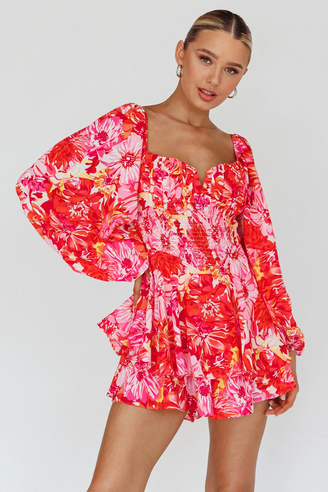 Evanice Shirred Waist Romper Floral Red