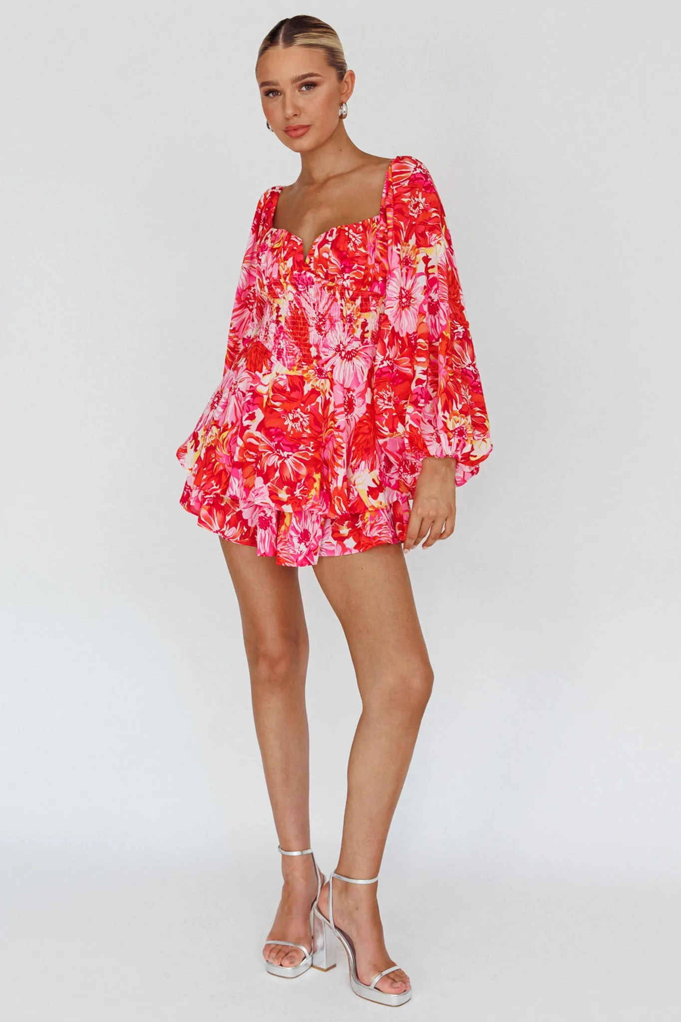 Evanice Shirred Waist Romper Floral Red