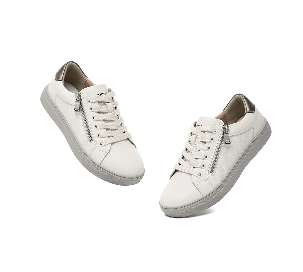 EVERAU® Women Leather Zip Decor Low-top White Sneakers Chloe