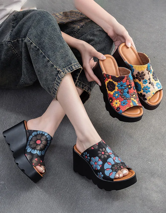 Fish Toe Ethnic Style Flower Printed Wedge Slippers