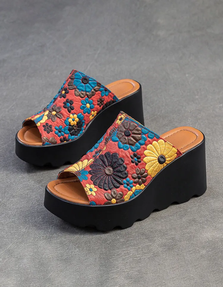 Fish Toe Ethnic Style Flower Printed Wedge Slippers